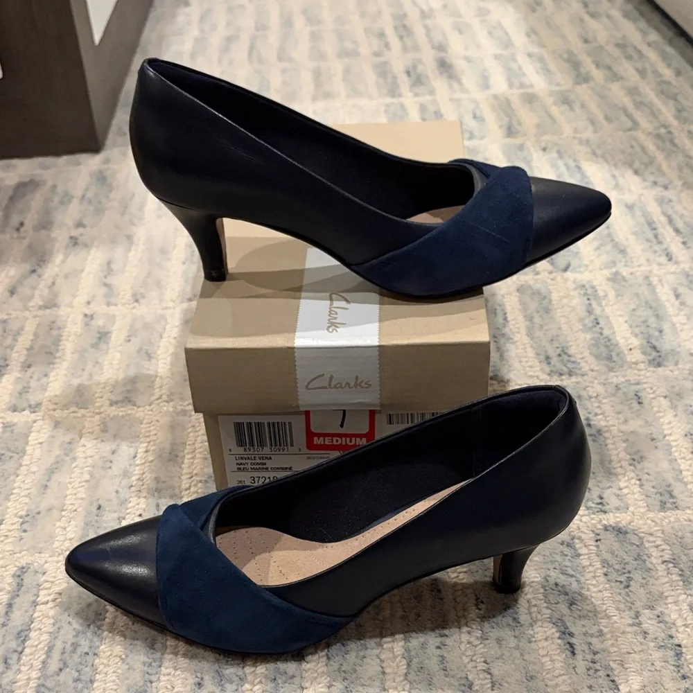 Clarks Navy Pointed Toe Low Heels